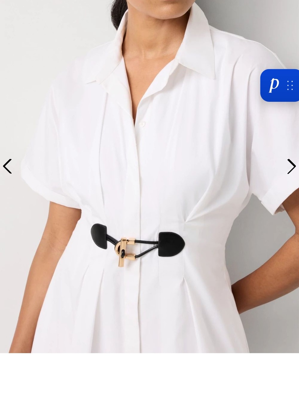White House Black Market White Shirt Dress with Black Belt and Gold Accent